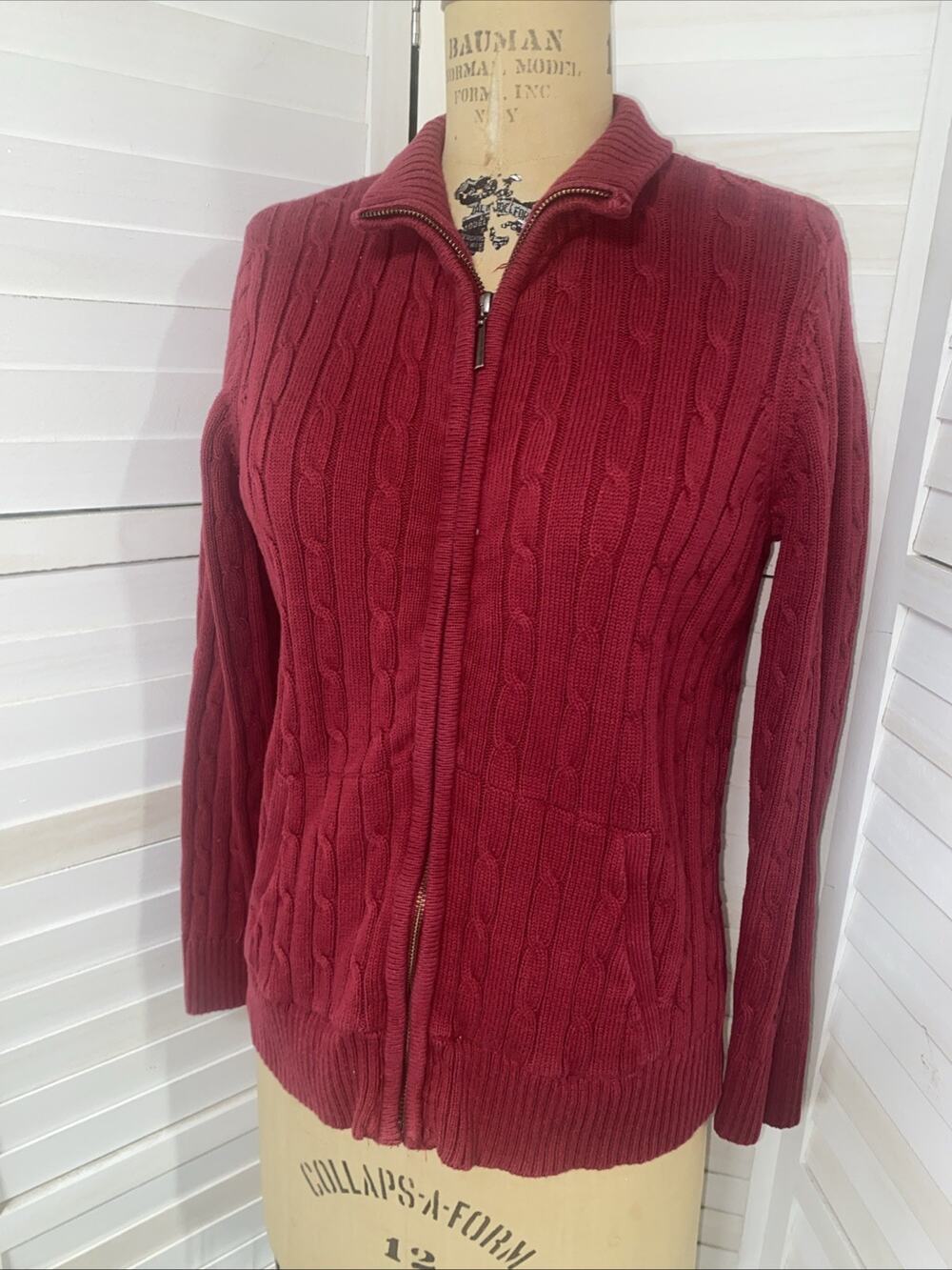 Croft & Barrow Full Zip Cable Knit Sweater Women’s Sz Large Red Long Sleeve PL